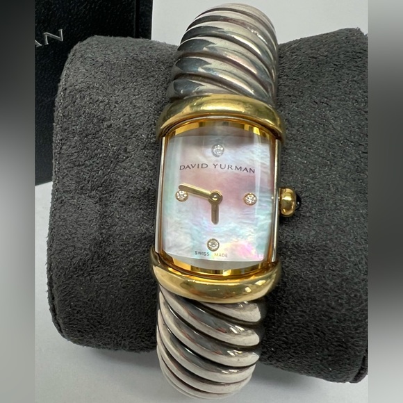 David Yurman Diamond Waverly MOP Cuff Bracelet Watch .925/18K Gold - Picture 2 of 11